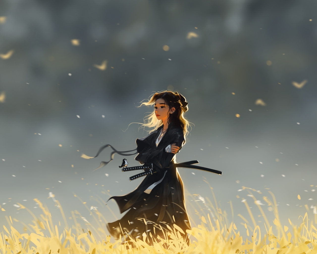 Девушка ниндзя с мечом на поле