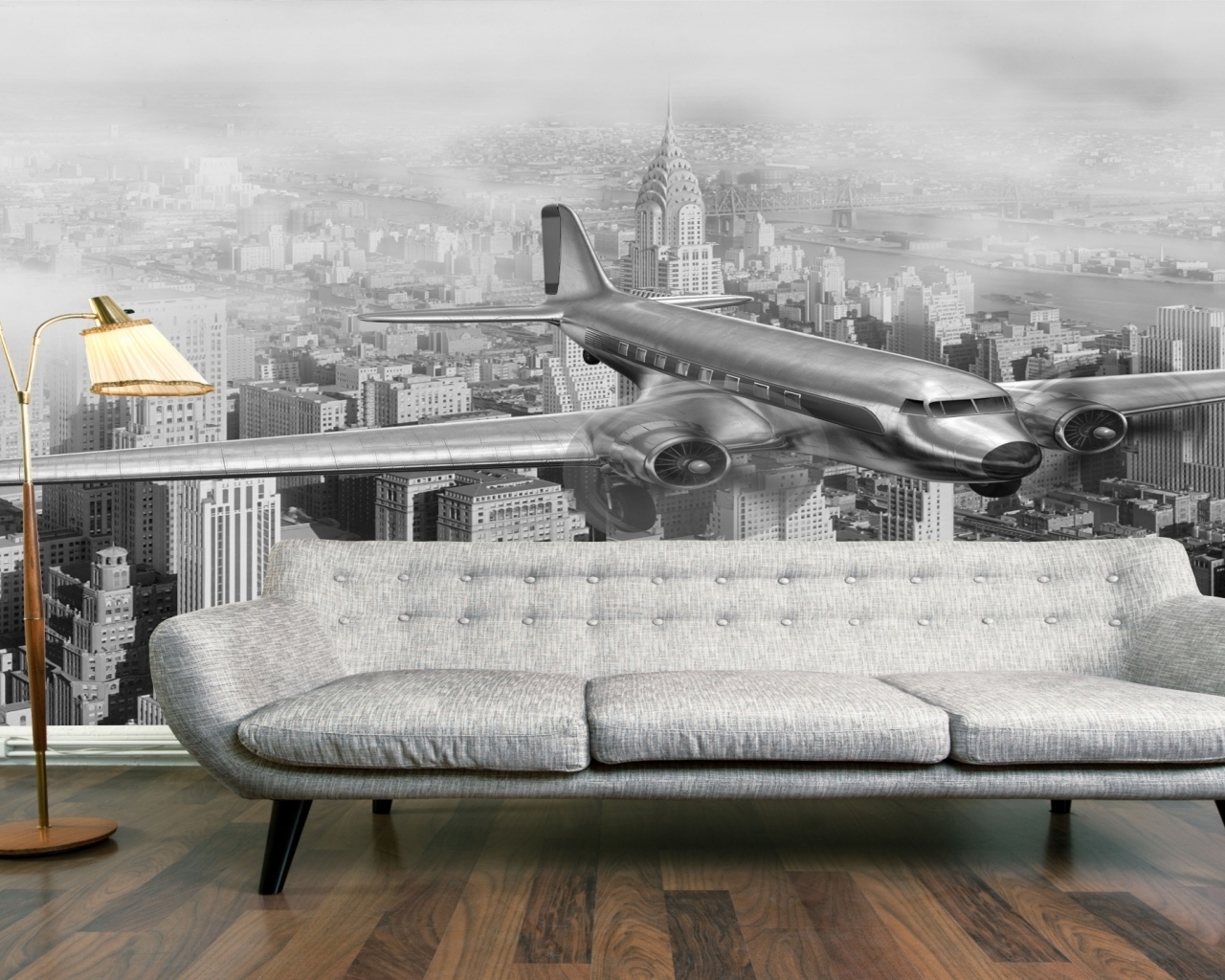 Диван в комнате с фотообоями