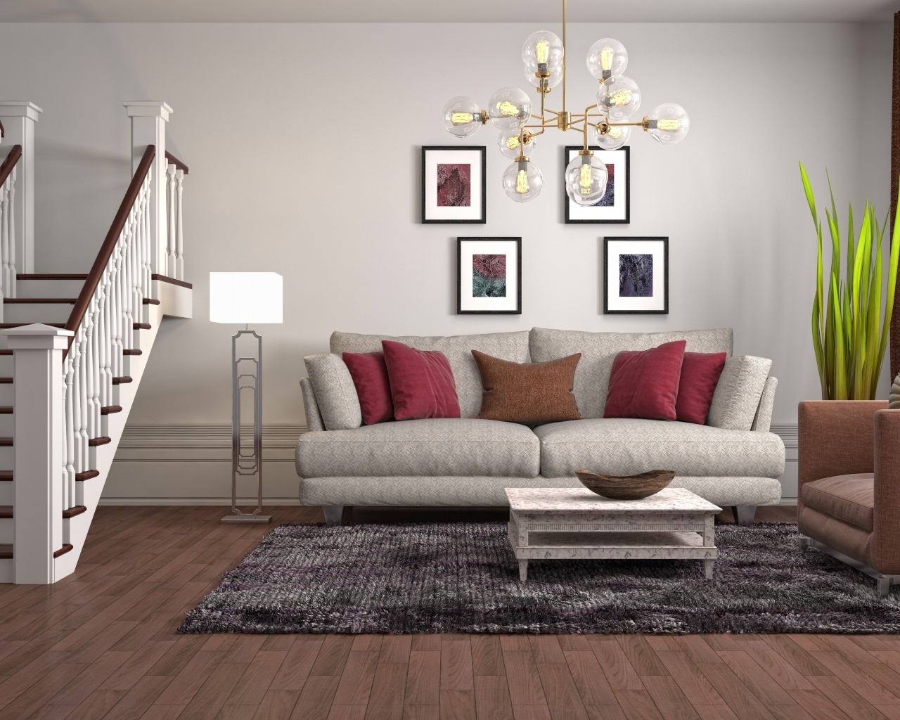 Просторная гостиная с лестницей