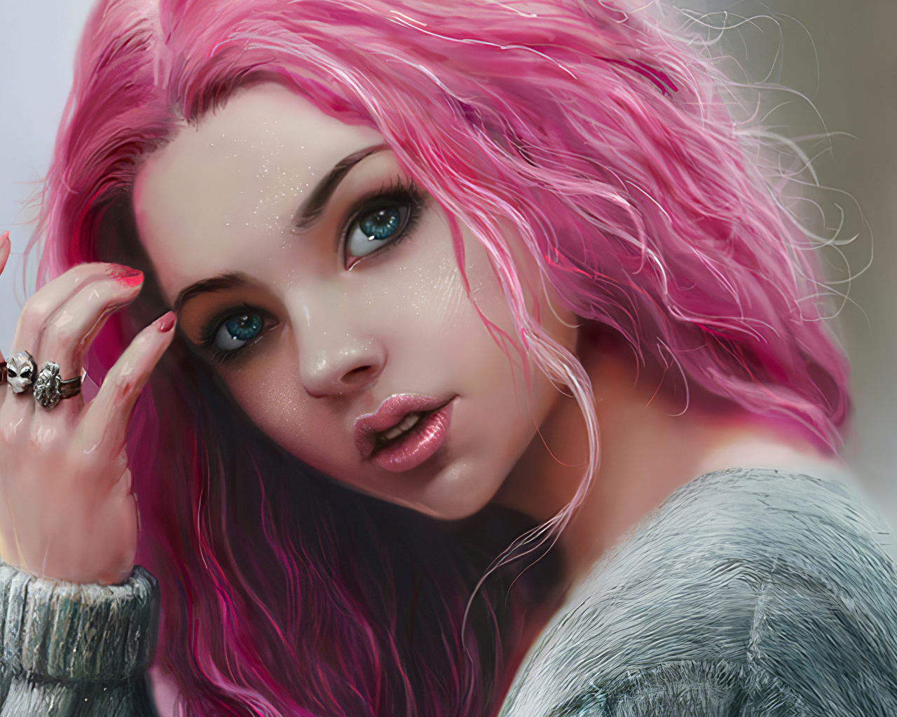 Девушка 3д с розовыми волосами и кольцами на руке
