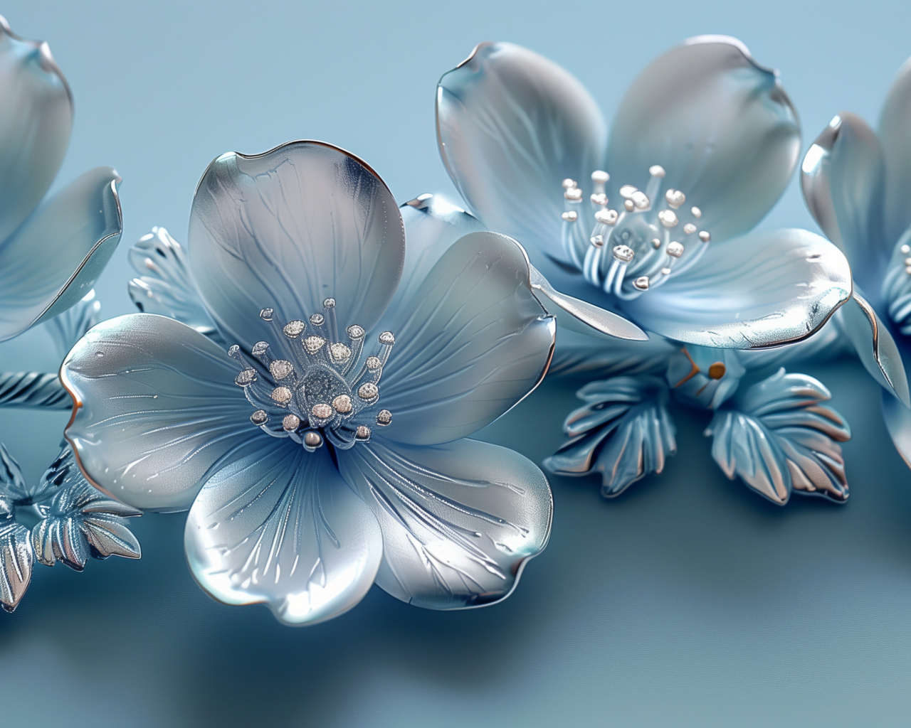 Красивые серебряные 3д цветы на голубом фоне