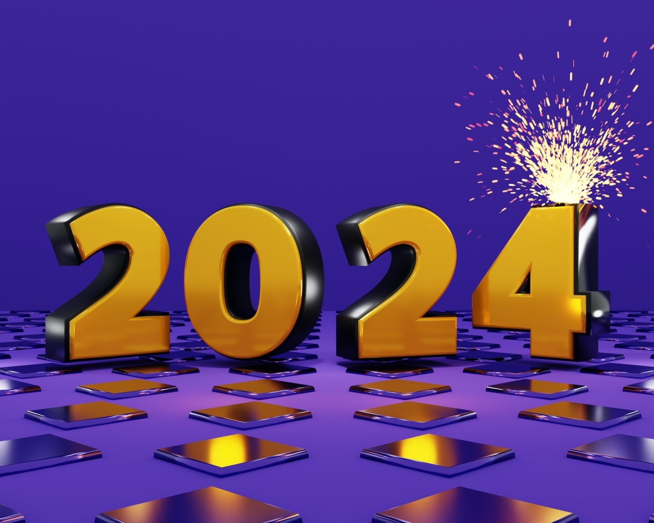 Яркие оранжевые цифры 2024 на фиолетовом фоне