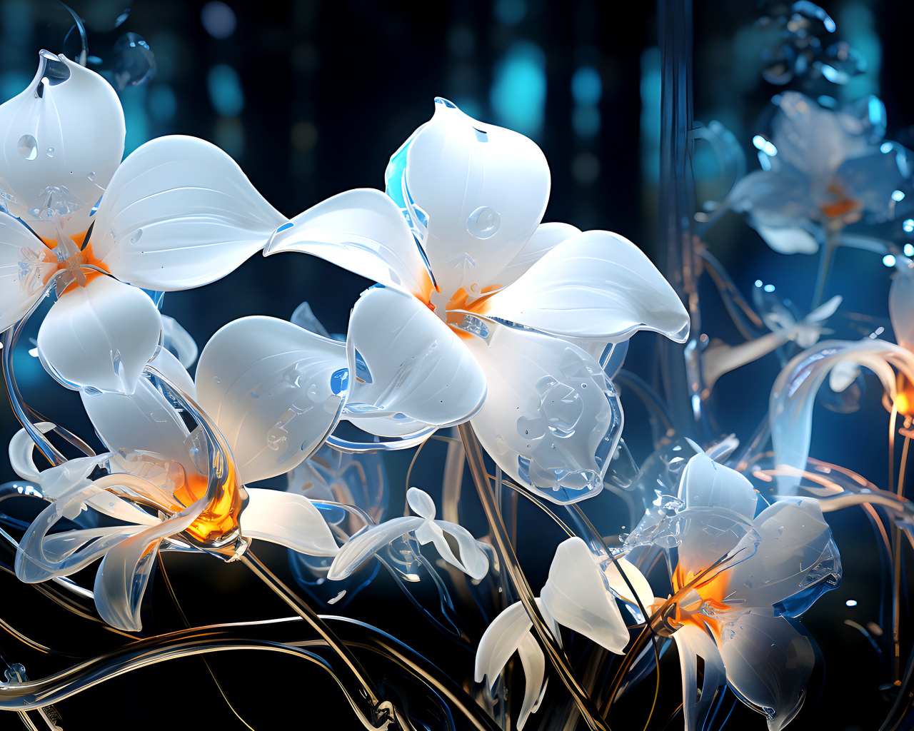 Стеклянные белые цветы на темном фоне