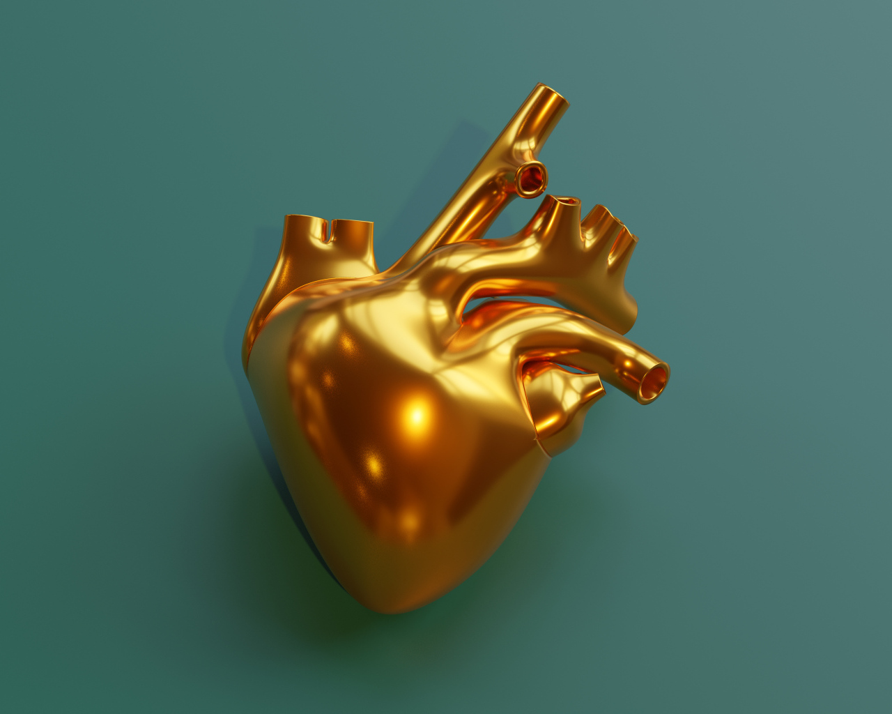 Золотое 3д сердце на зеленом фоне