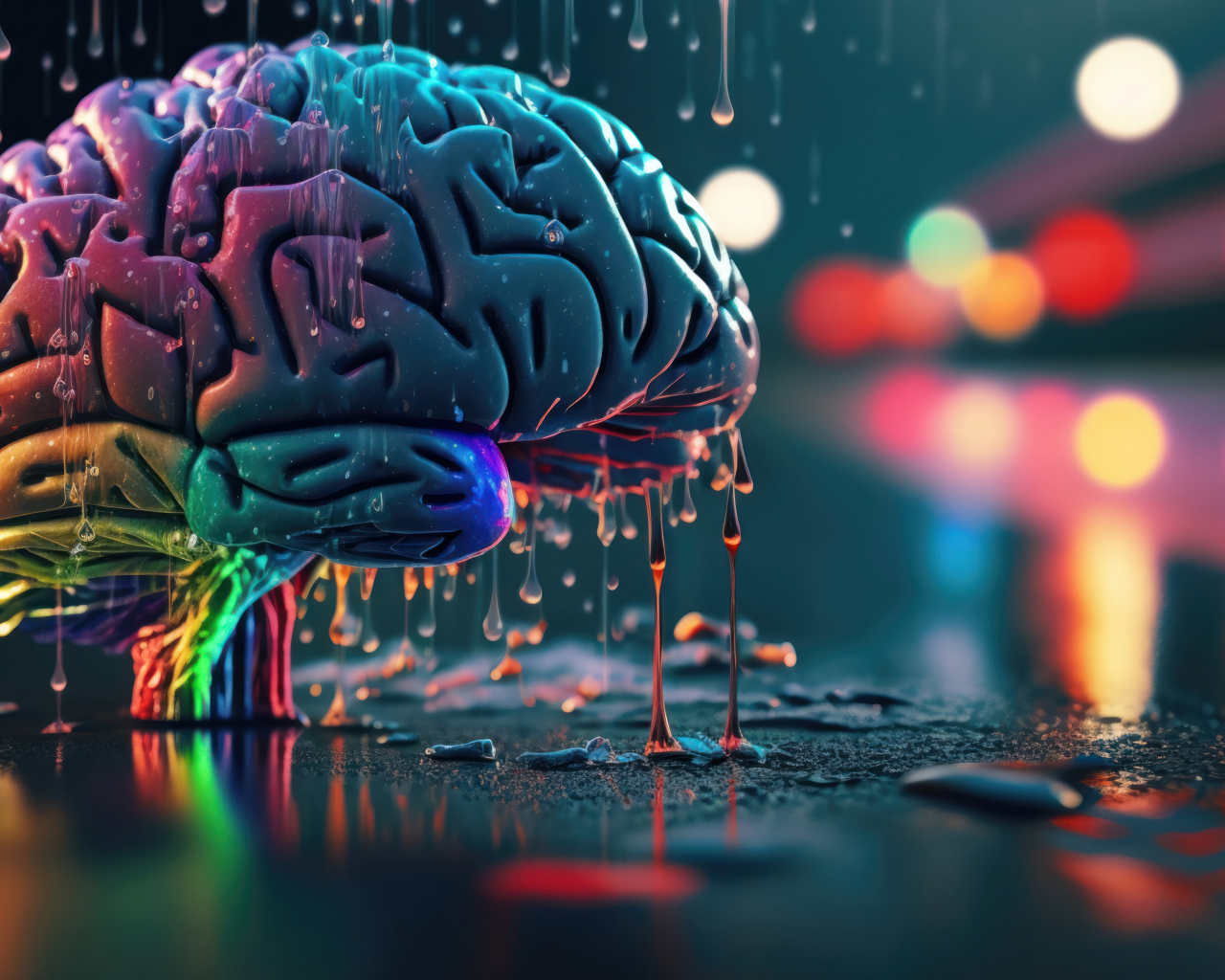 Разноцветный мозг под дождем на асфальте