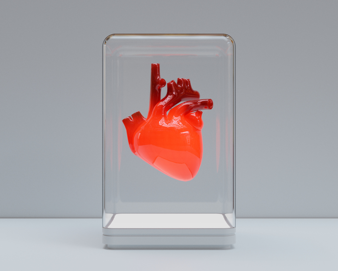 Красное 3д сердце в стеклянной колбе на сером фоне