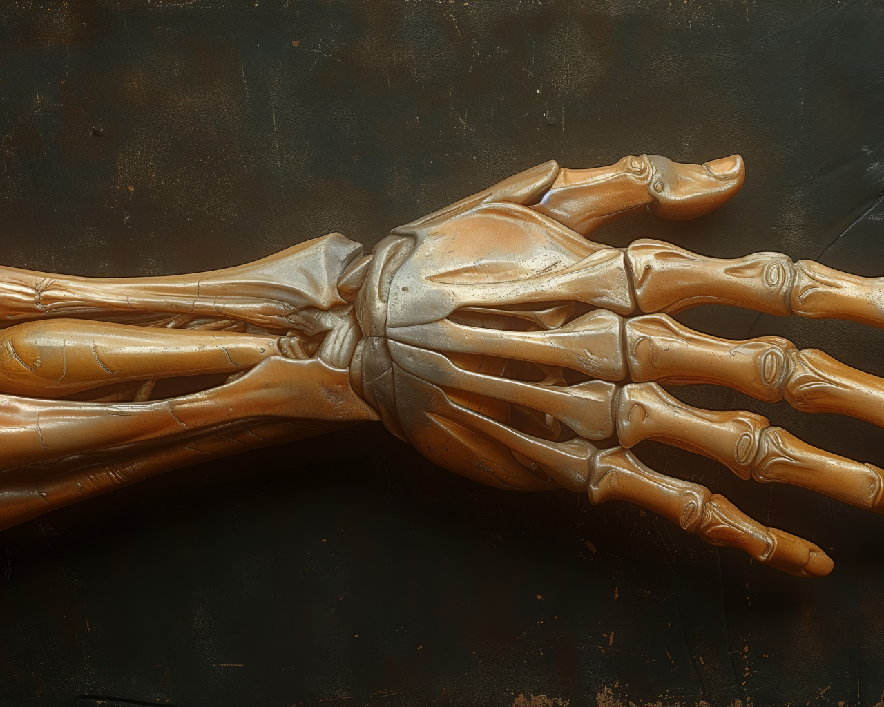 Рука скелета на серой поверхности 3д графика