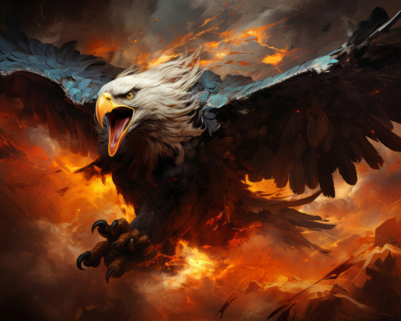 Хищный орел летит в огненном небе