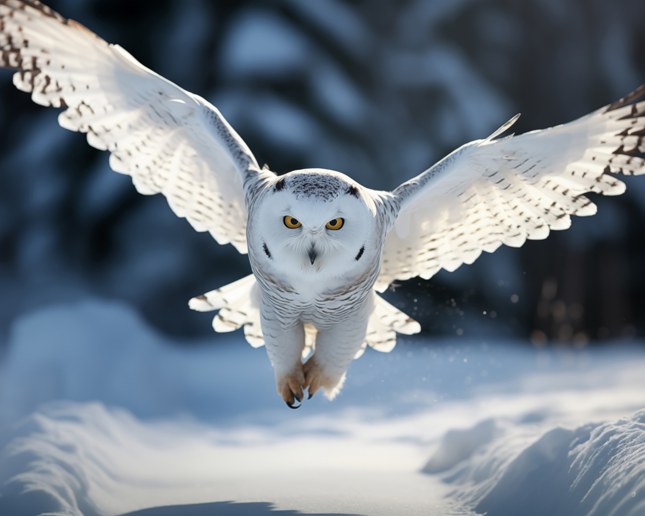 Большая белая сова летит над снегом