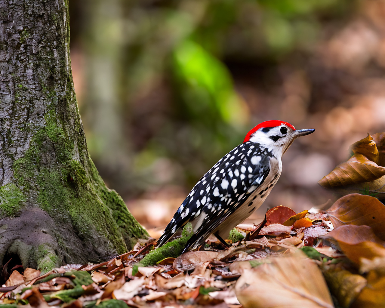 Пятнистый дятел сидит на опавшей листве