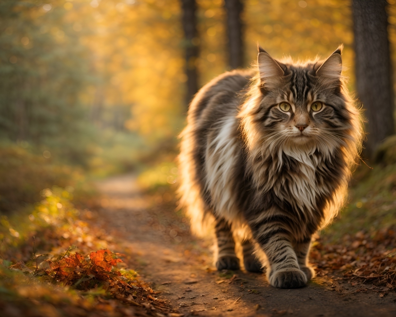 Большой пушистый кот идет по лесу