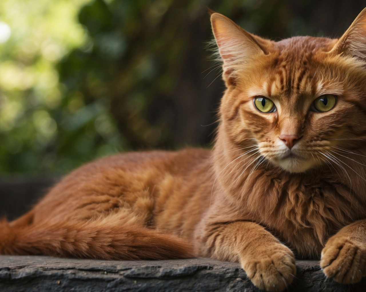 Большой рыжий кот лежит на камне