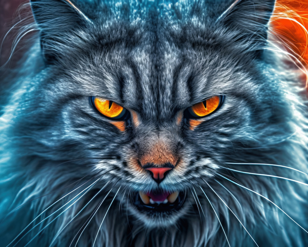 Злой серый пушистый кот с огненными глазами