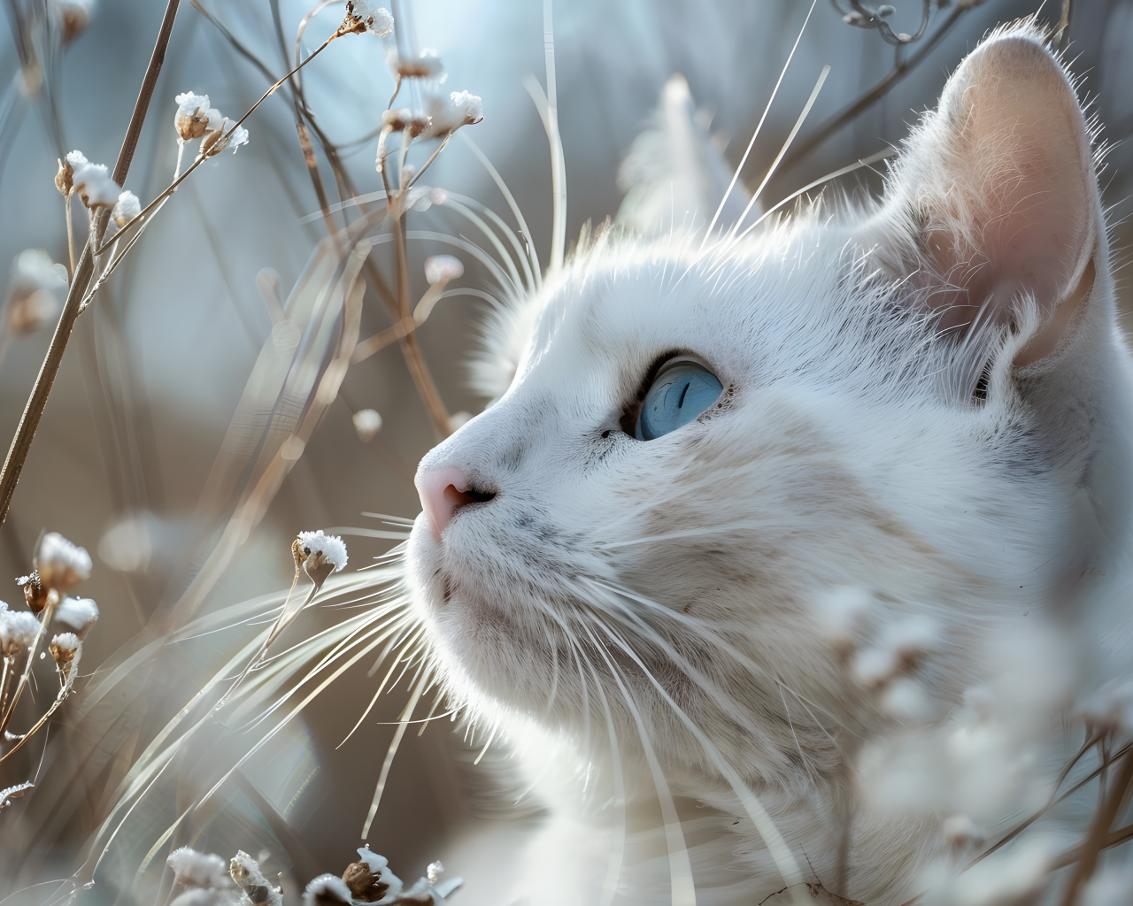 Красивый голубоглазый кот в траве