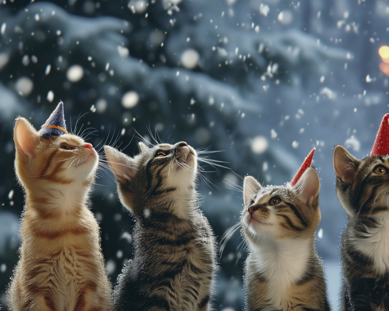 Рождественские коты смотрят вверх на снег