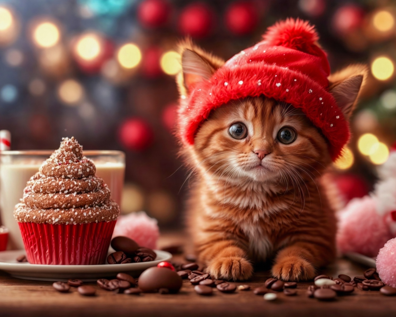 Милый маленький рыжий котенок с пирожным