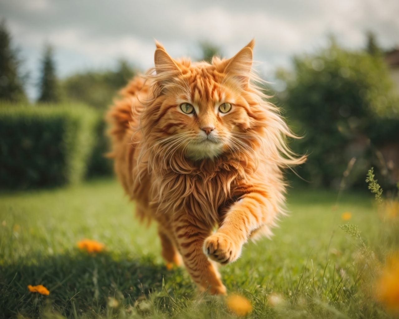 Пушистый рыжий кот бежит по зеленой траве