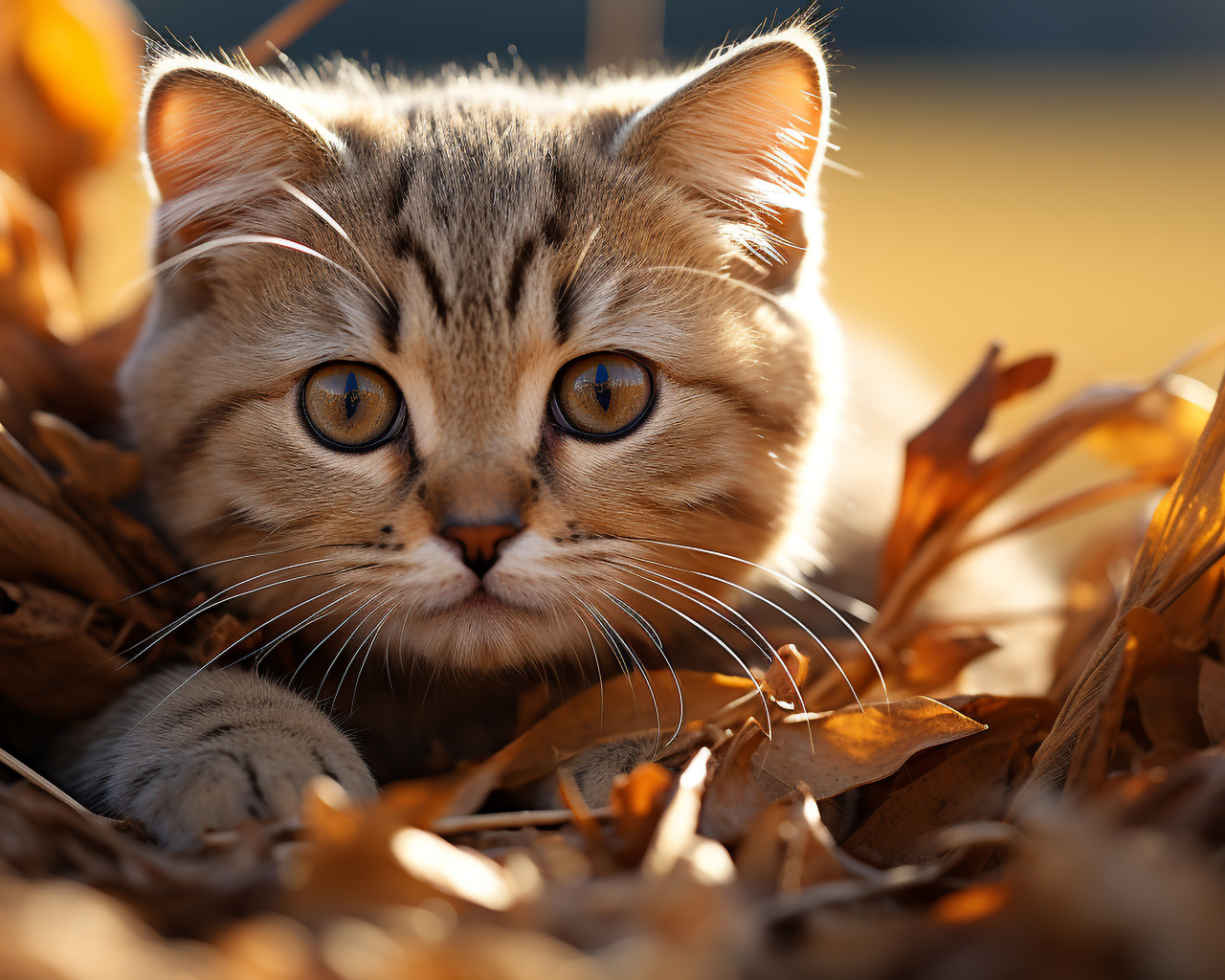 Забавный серый котенок прячется в сухой траве