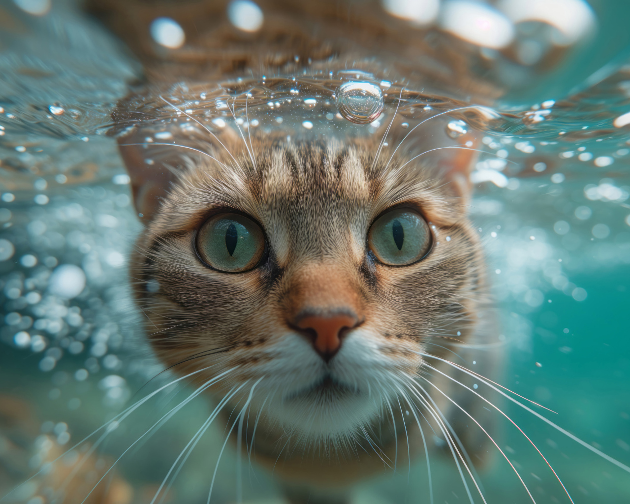 Зеленоглазый кот под водой