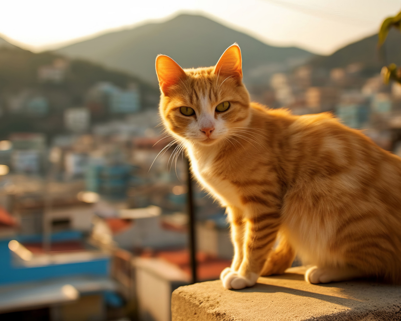 Рыжий кот в лучах солнца на балконе