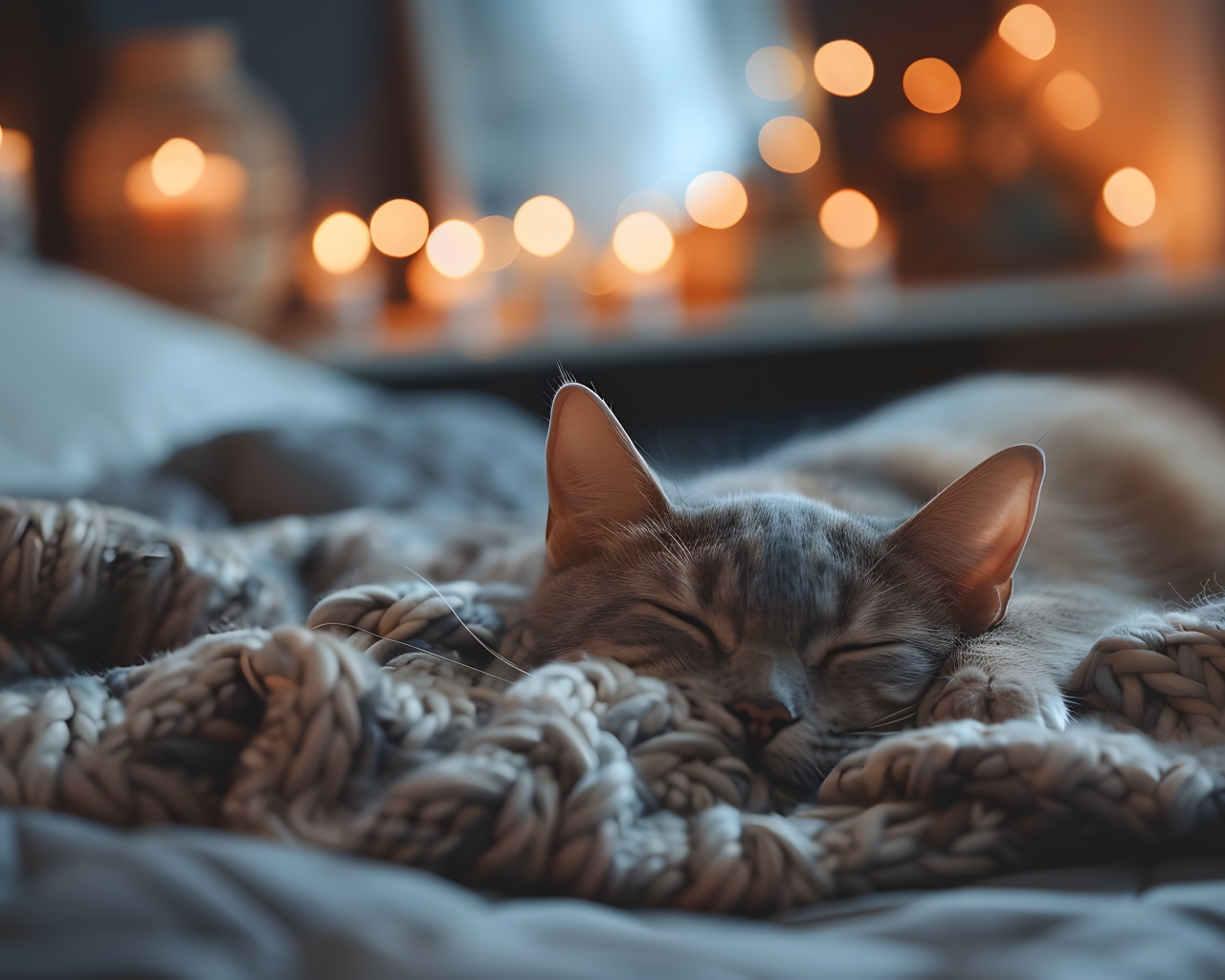 Довольный кот спит на кровати в квартире