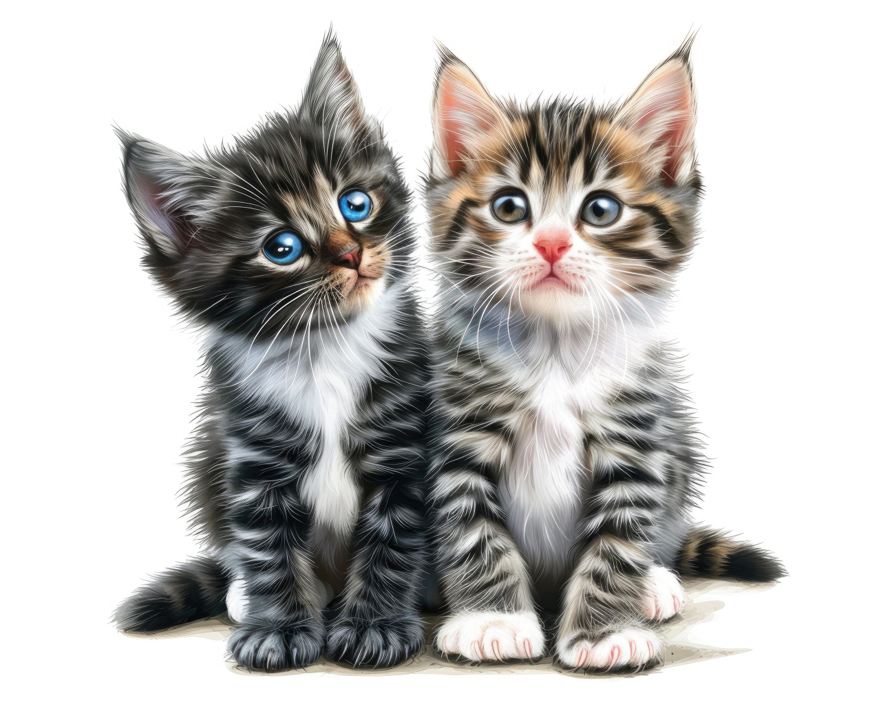 Два маленьких серых котенка на белом фоне