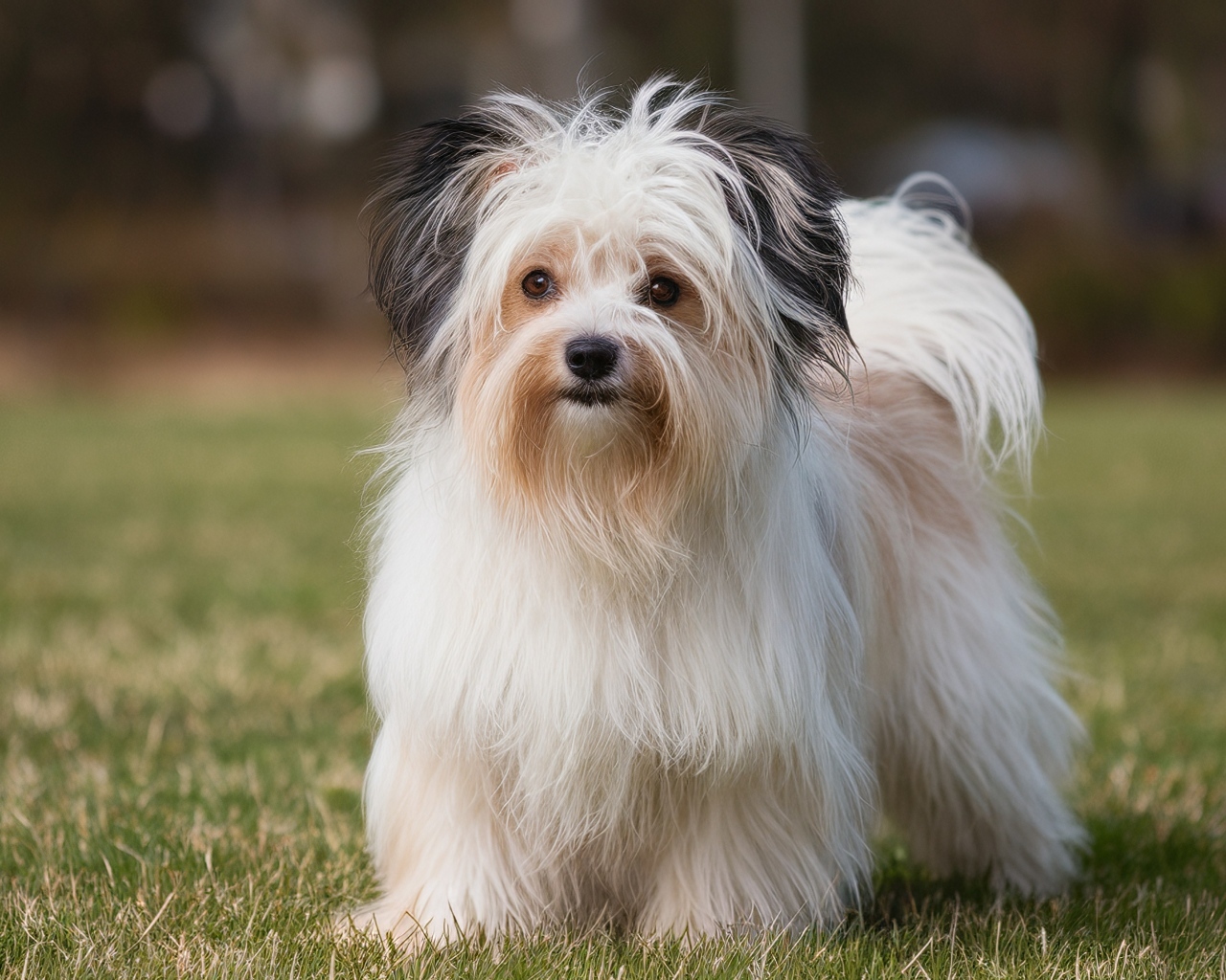 Пушистая собака на зеленой траве