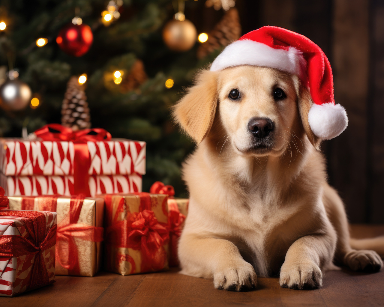 Золотистый ретривер с подарками у новогодней ели