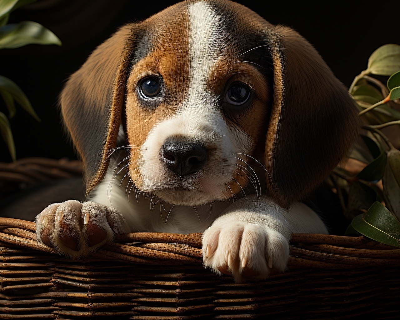 Маленький щенок в корзине с зелеными листьями