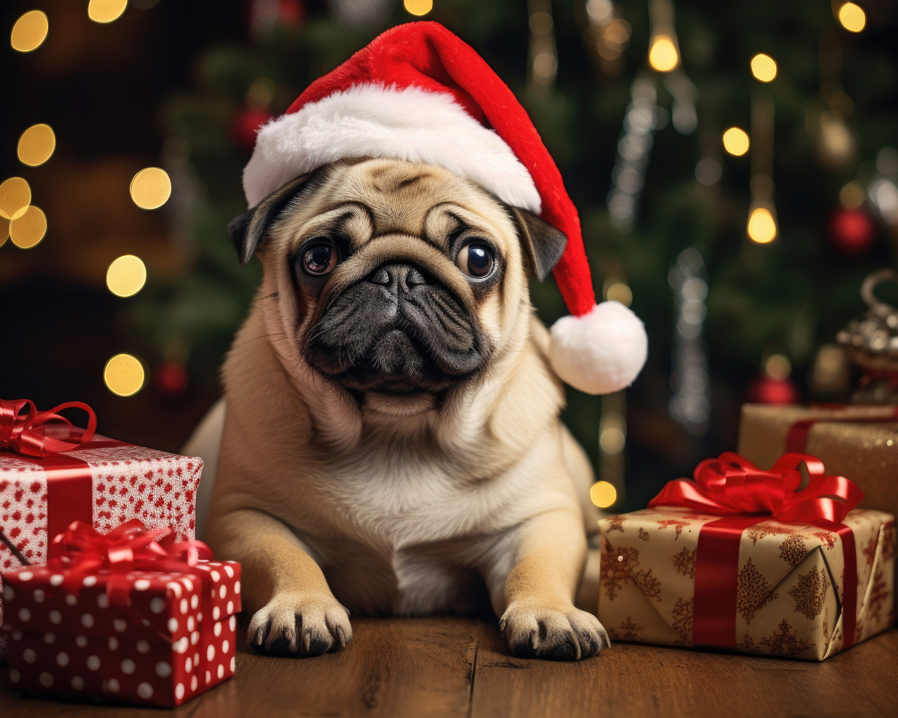 Мопс с подарками под новогодней елкой