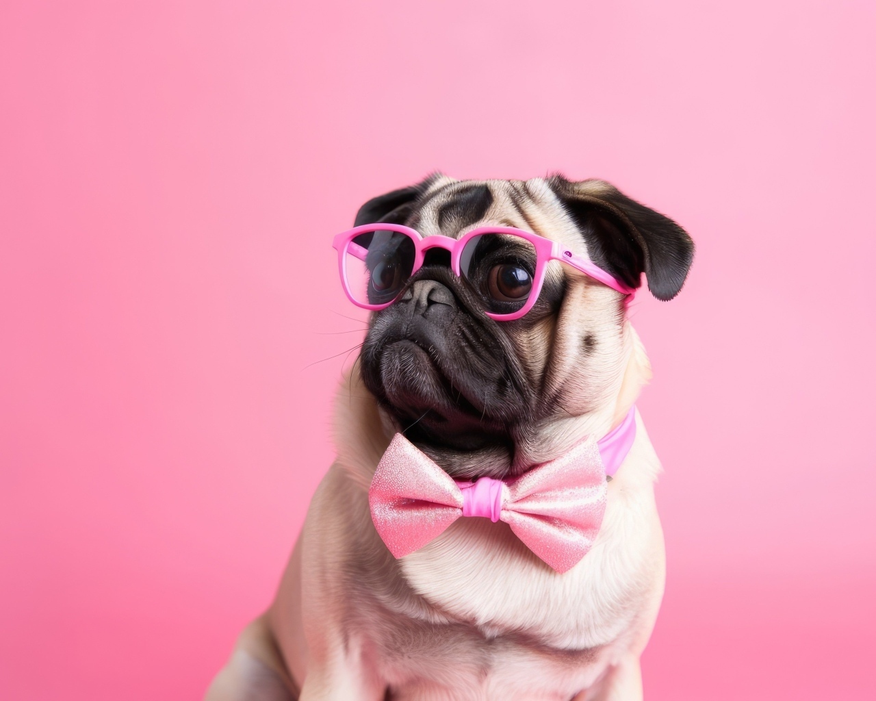 Мопс в очках на розовом фоне