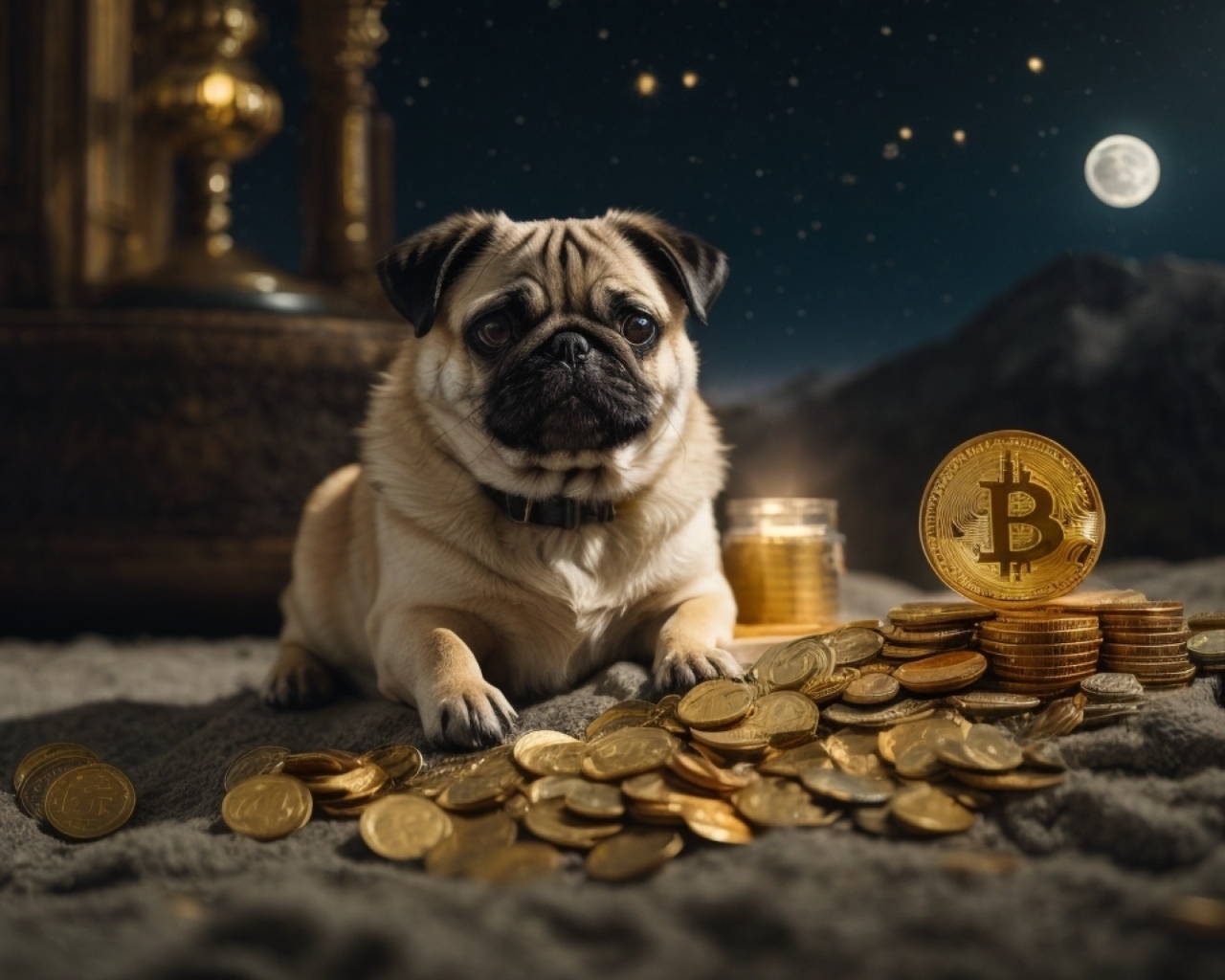 Мопс с золотыми монетами на песке