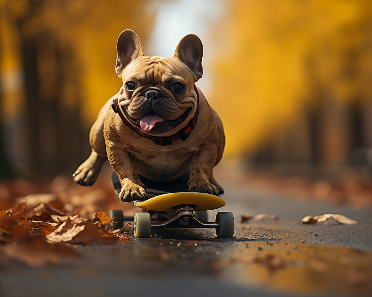 Довольный французский бульдог на скейтборде