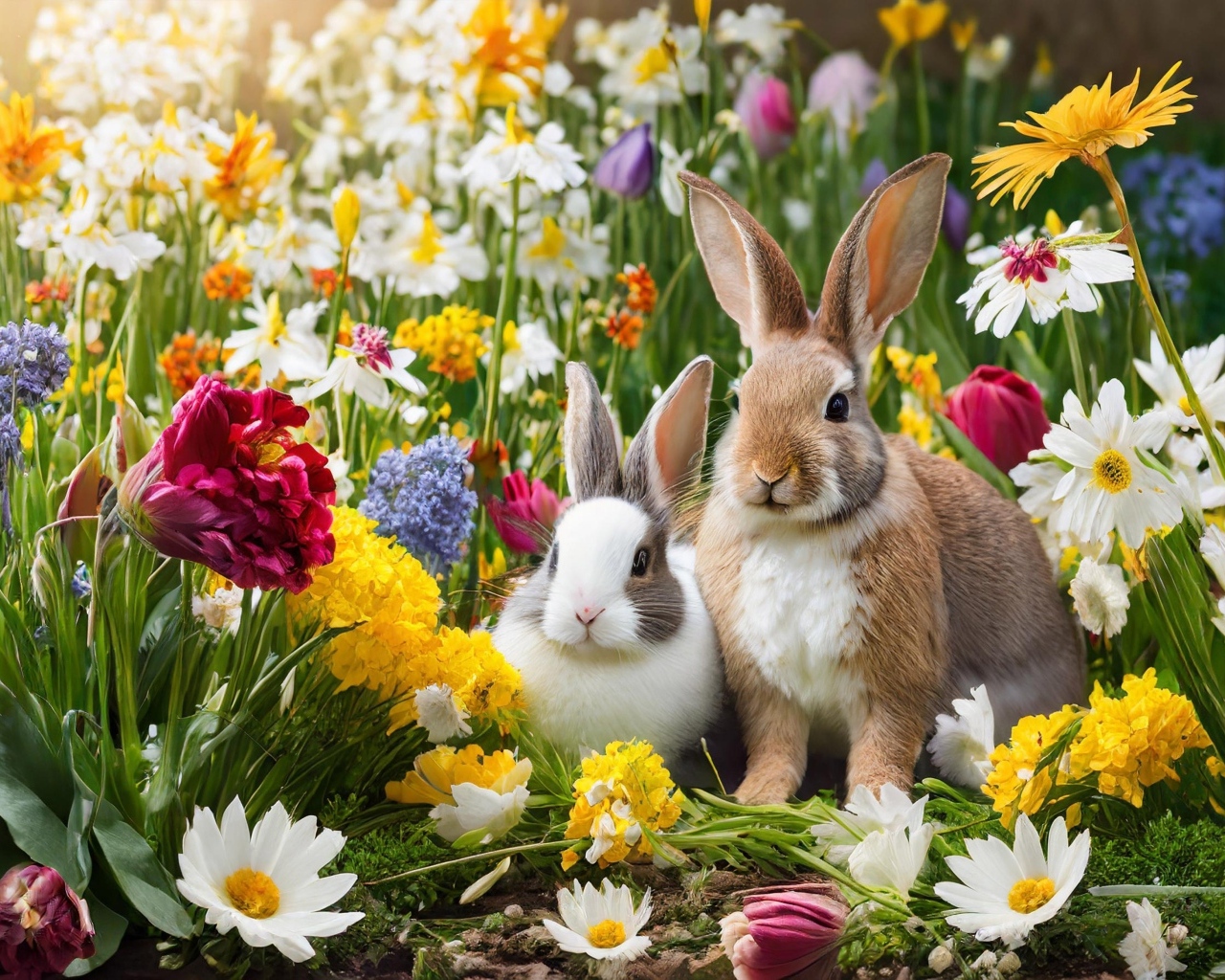 Два декоративных кролика в цветах