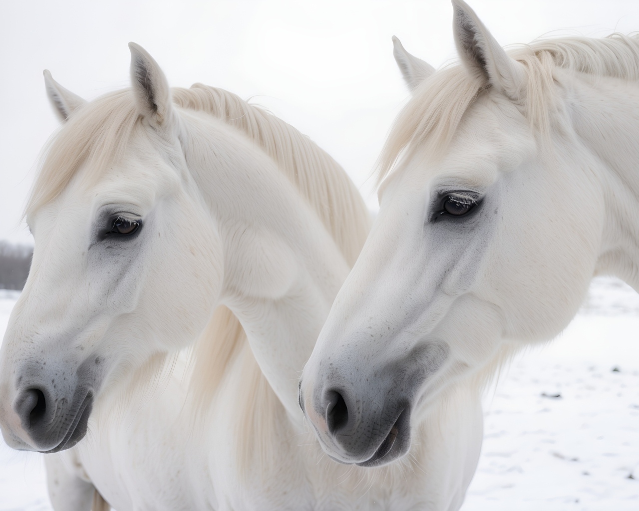Две красивые белые лошади зимой