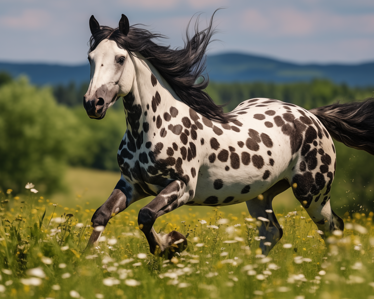 Белая лошадь в черных пятнах на пастбище