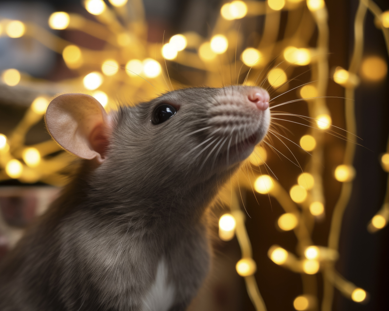 Серая крыса на фоне гирлянды