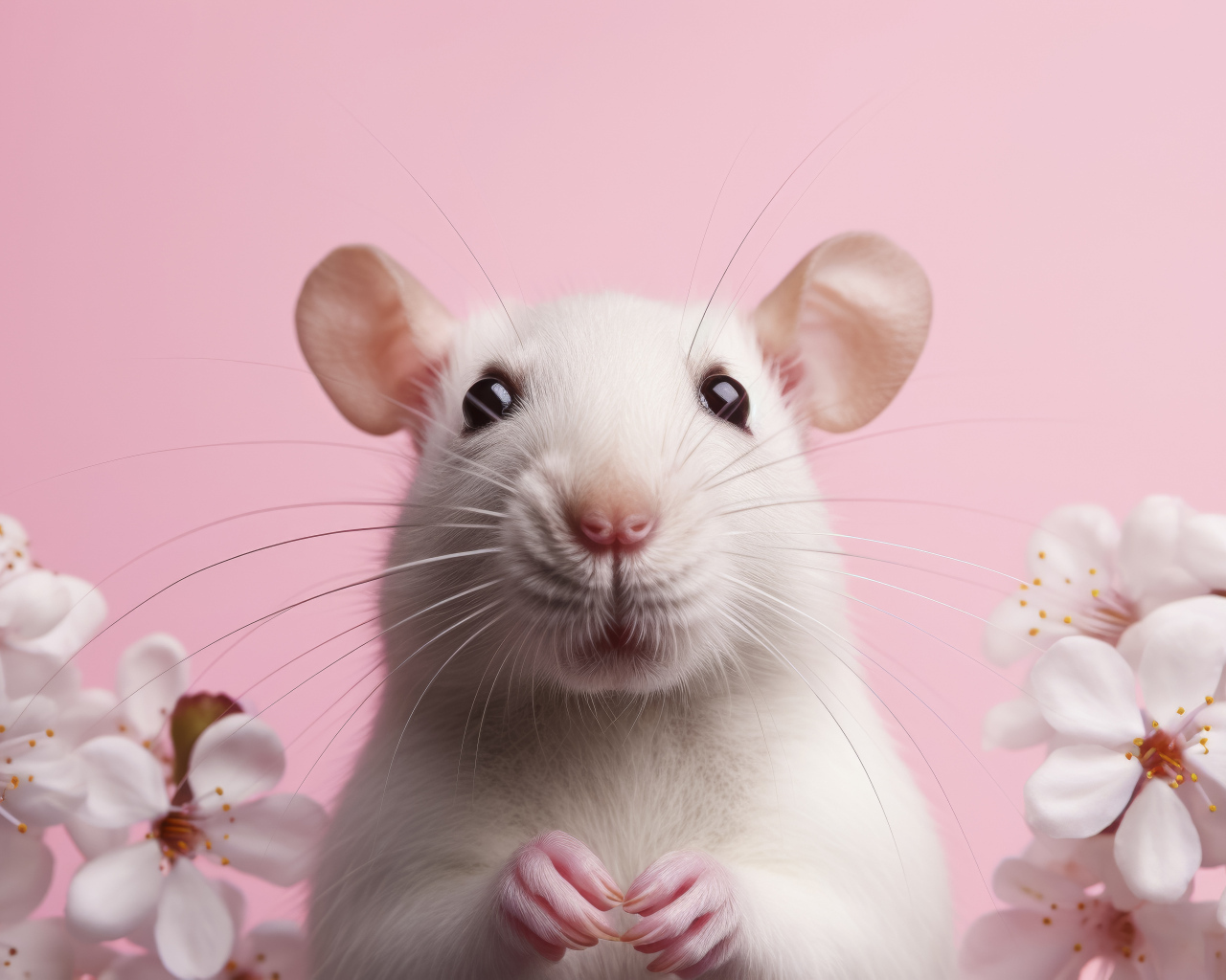 Белая крыса на розовом фоне с цветами