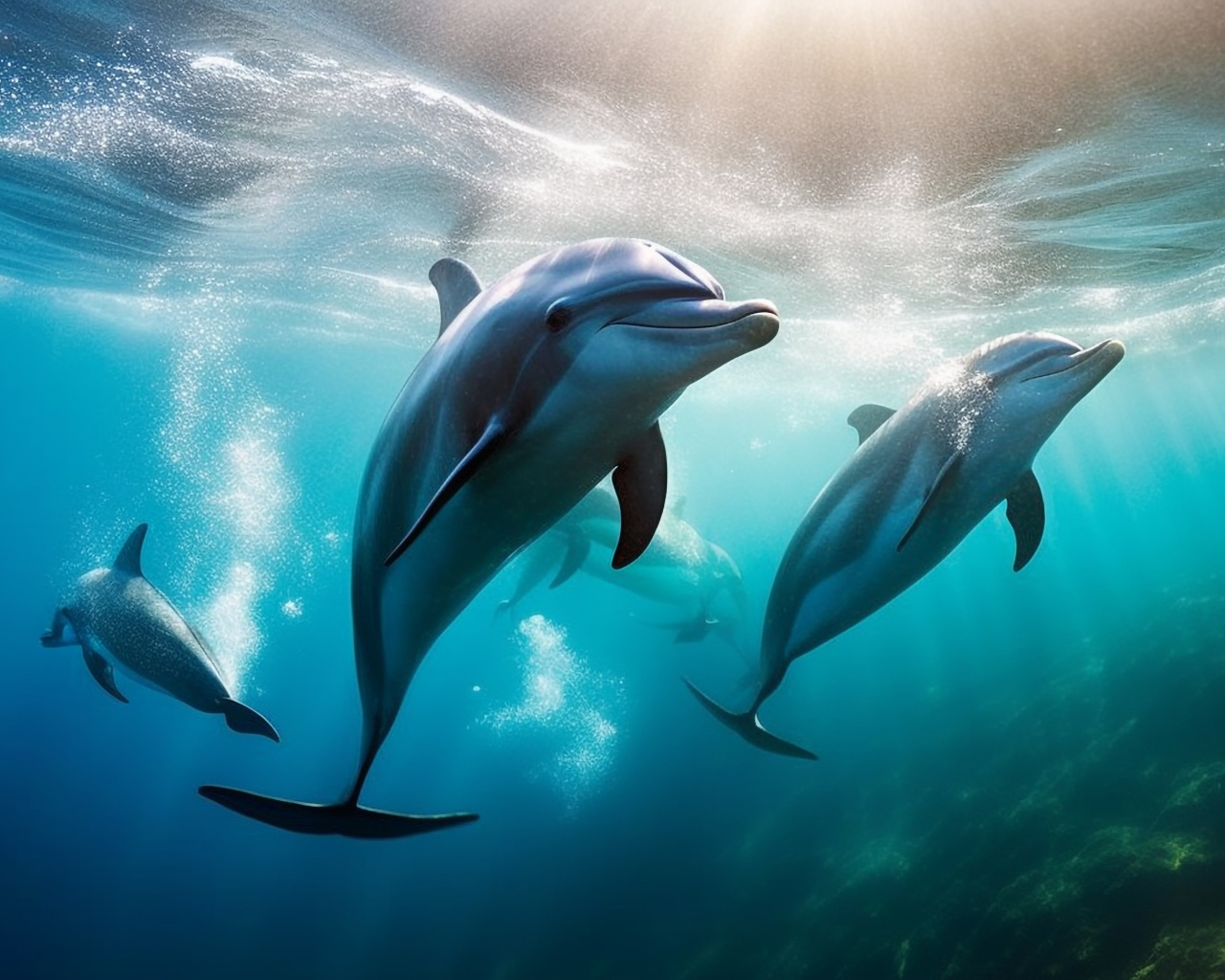 Стая дельфинов плавает в воде