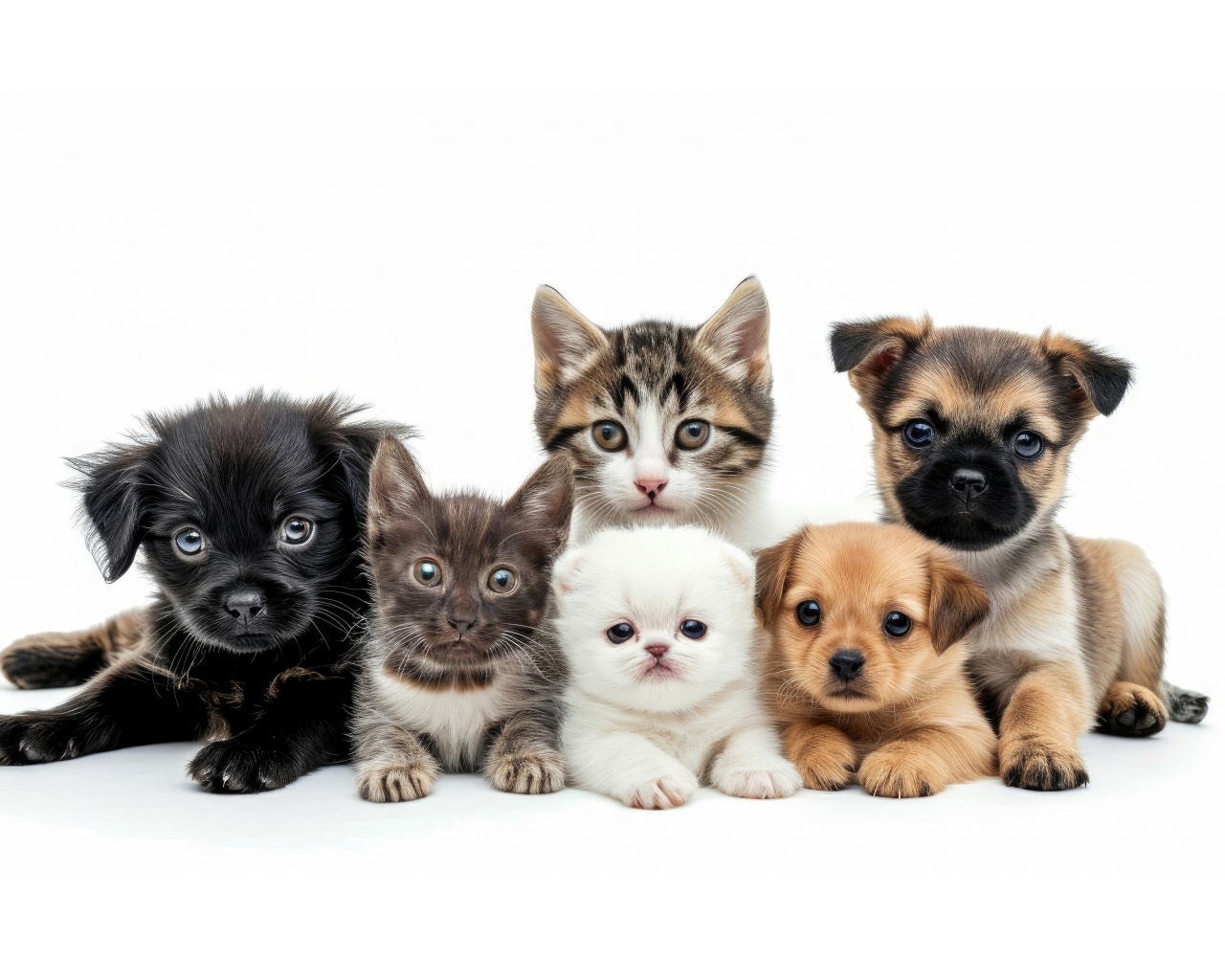 Маленькие котята и щенки на белом фоне