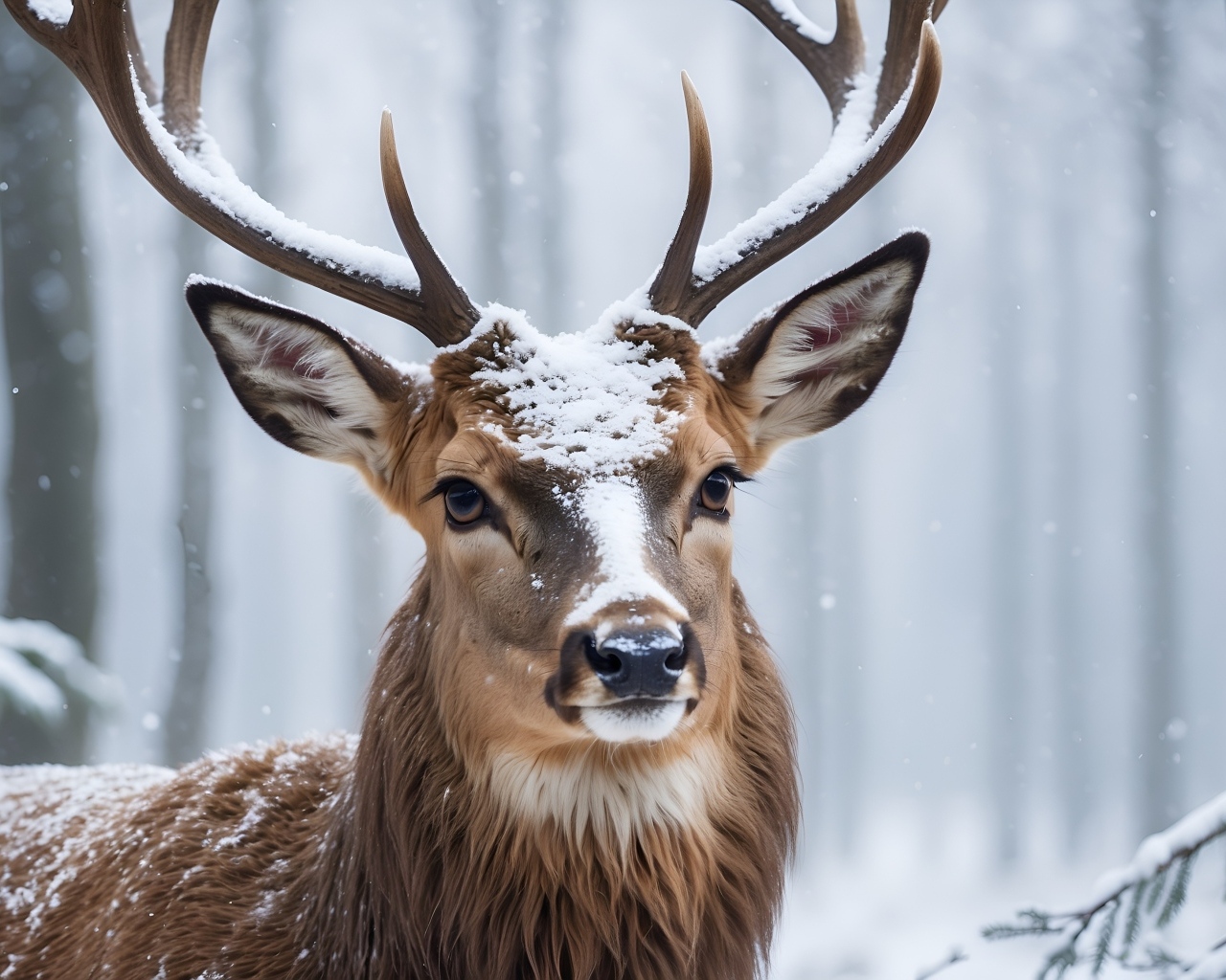 Большой олень в зимнем заснеженном лесу