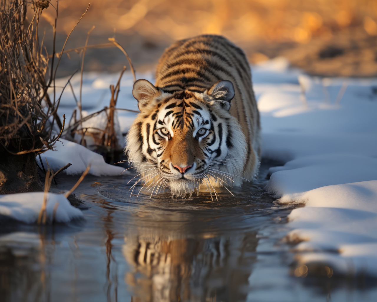 Тигр стоит в холодной воде с заснеженными берегами