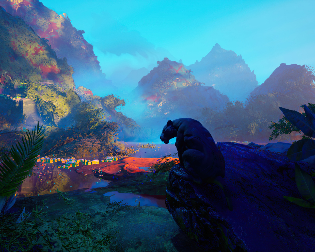 Большая черная пантера сидит на камне