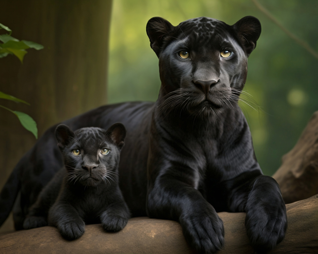 Большая черная пантера с детенышем