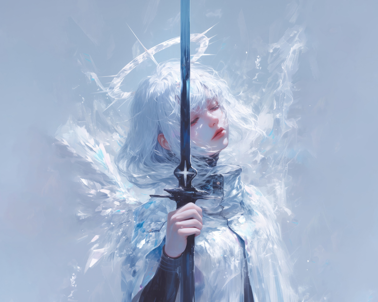 Девушка аниме ангел с оружием на сером фоне