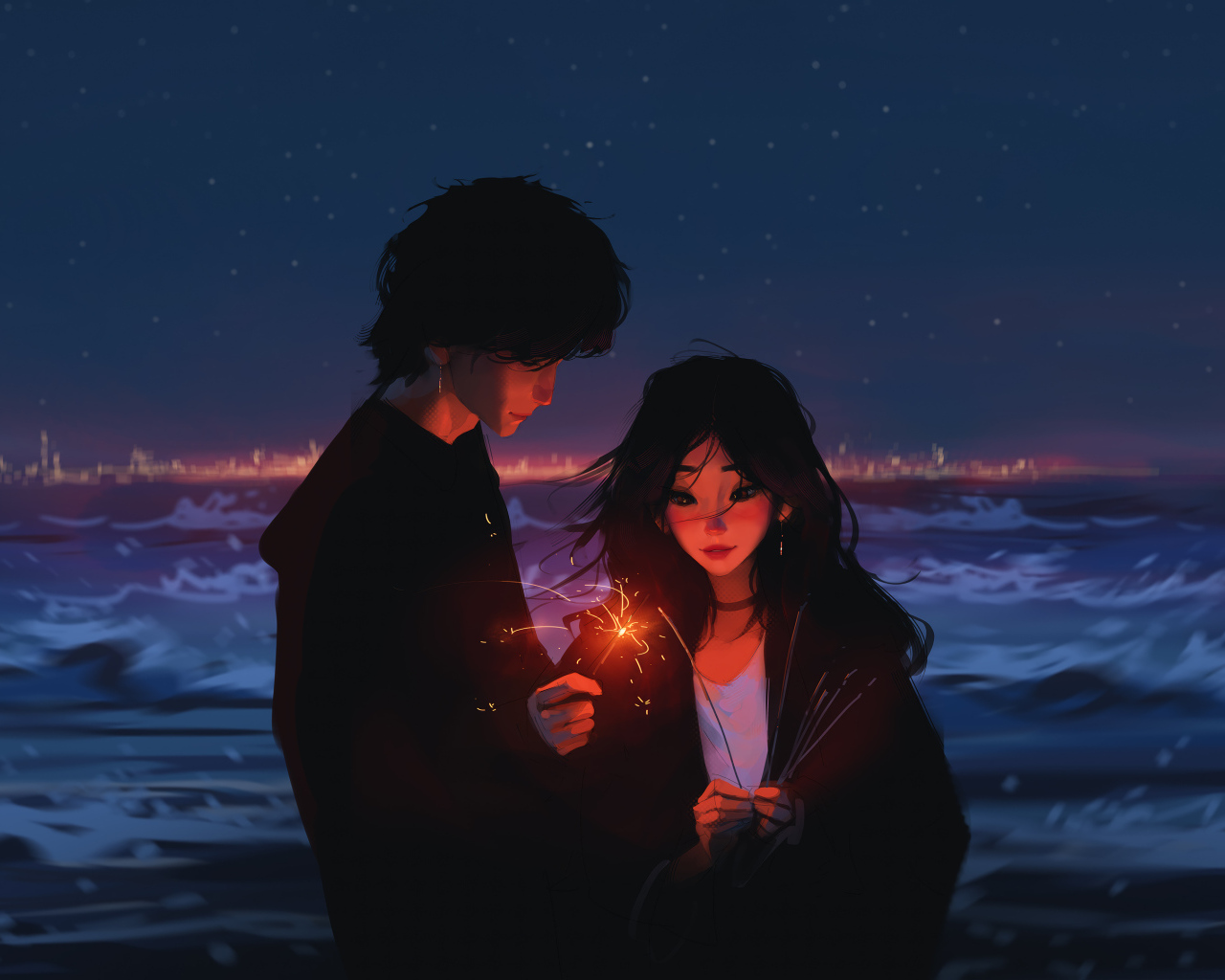 Пара аниме с бенгальскими огнями у воды