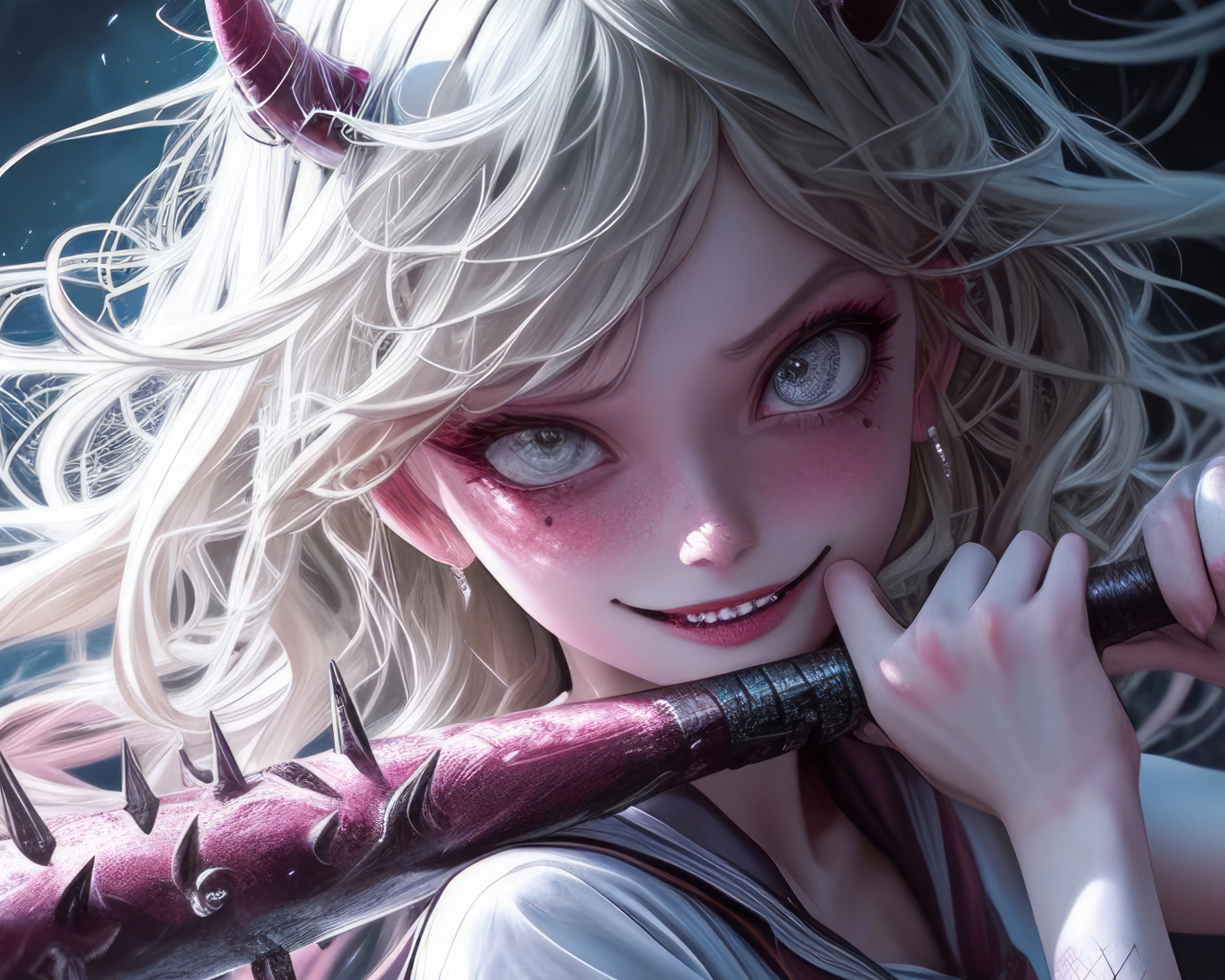 Девушка аниме демон с битой в руках