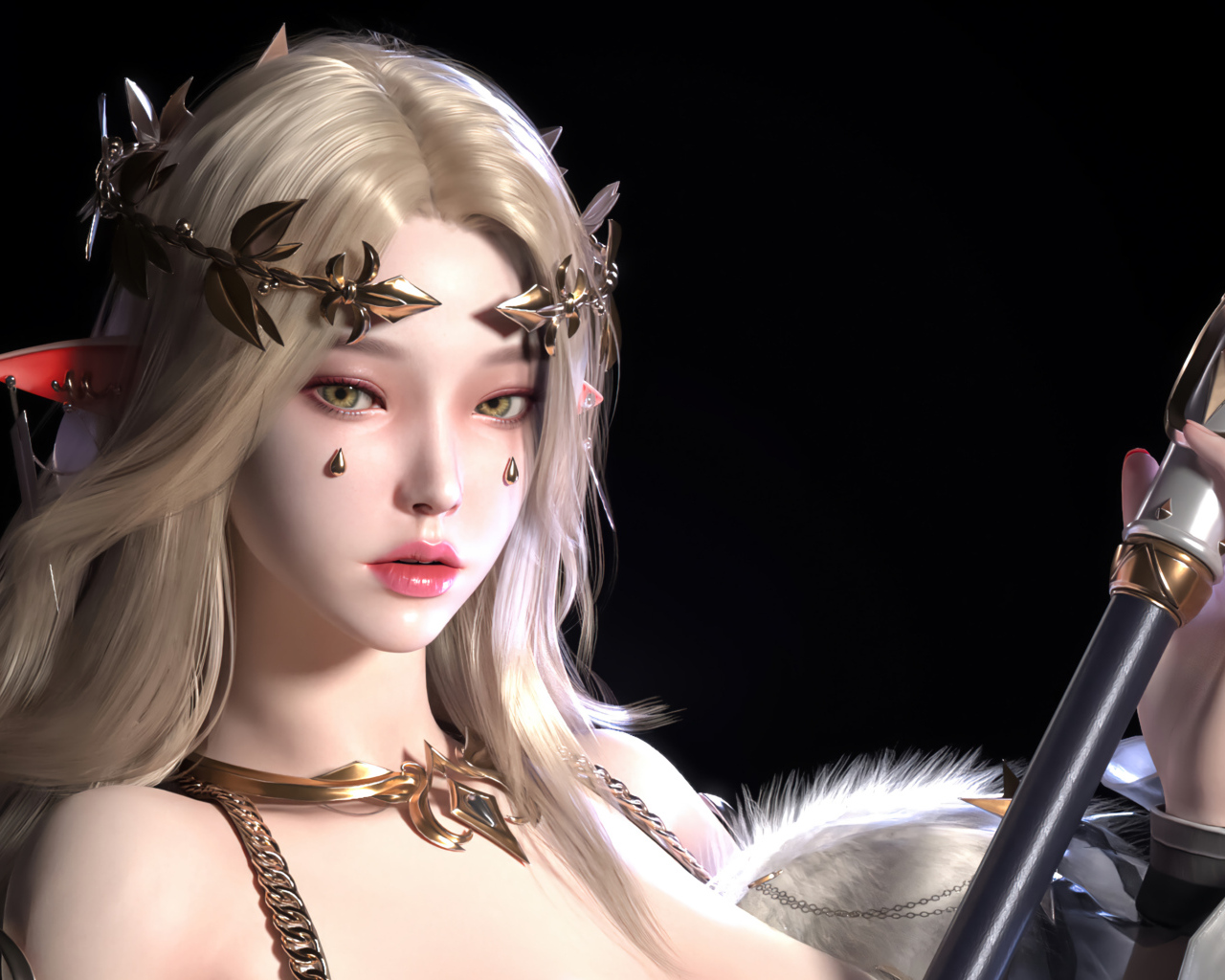 Девушка аниме эльф с украшениями на теле