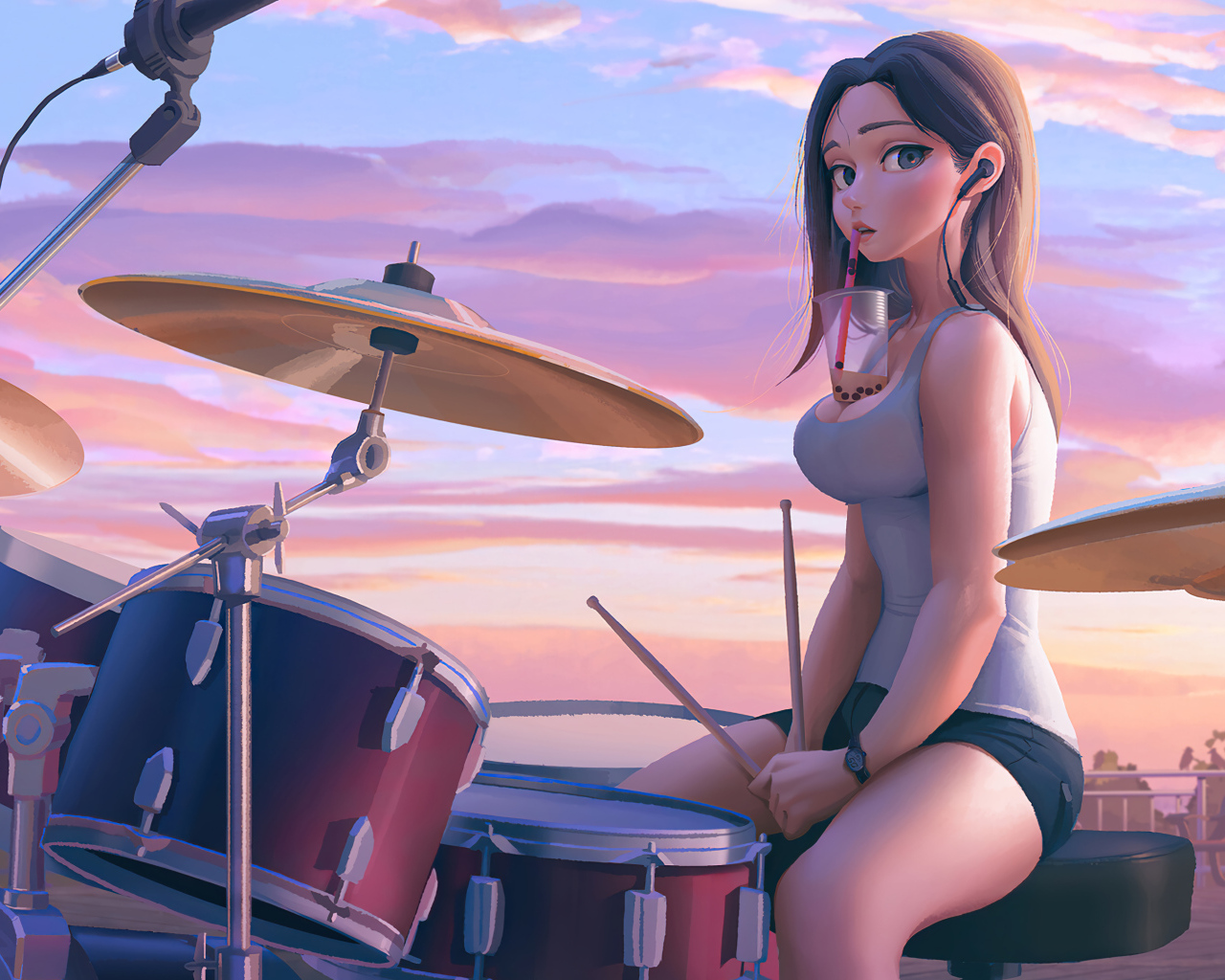 Девушка аниме за барабанной установкой