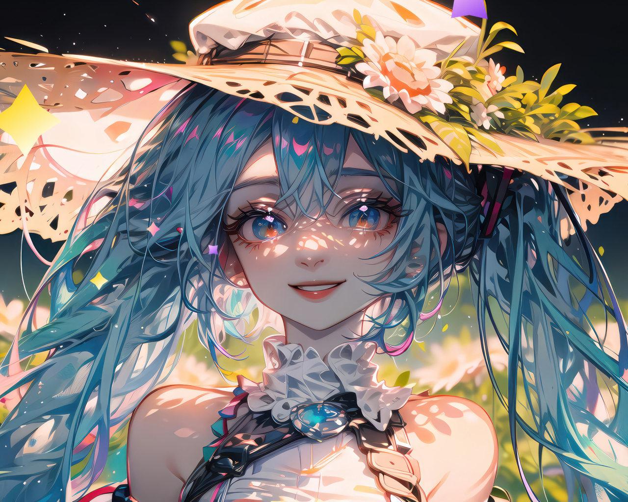 Девушка аниме в большой шляпе с голубыми волосами